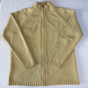 Land's End Womens Yellow 100% Cotton Knit Cardigan Large Full Zip Pockets Mature